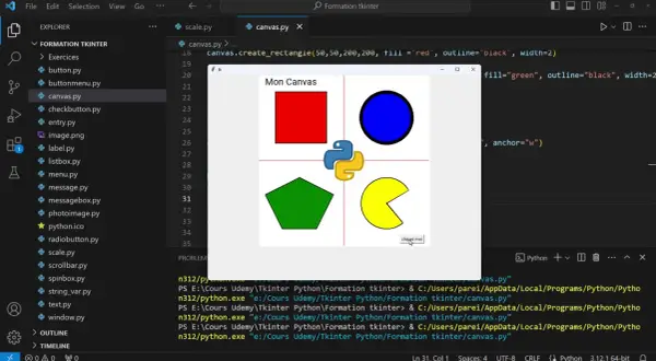 Un carré rouge, un cercle bleu, un pentagone vert et une forme jaune sur un canevas. Le code Python utilise la librairie tkinter pour créer ces formes avec différentes couleur.