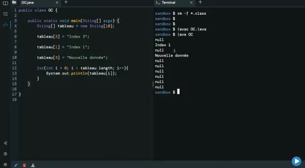 Code Java affichant un tableau de chaînes, avec "Index 1" et "Nouvelle donnée" visibles dans la sortie du terminal.