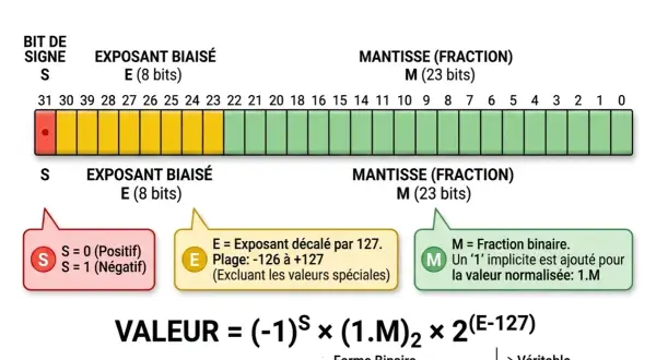 Représentation d'un nombre flottant double précision (double Java) : bit de signe, exposant biaisé et mantisse.