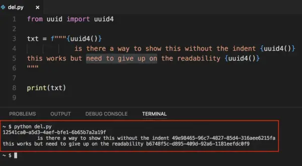 Code Python affichant un UUID généré. Le commentaire python plusieurs lignes explore l'indentation et la lisibilité.