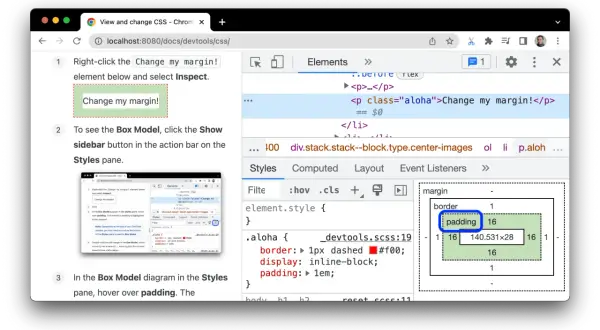 Utilisation de jQuery pour changer le style : le padding est mis en évidence dans le modèle de boîte.