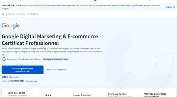 Certification Google Marketing Digital : obtenez un certificat professionnel en marketing digital et e-commerce sur Coursera.