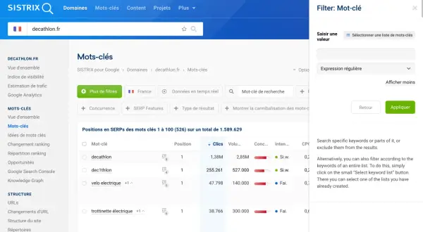 Interface de filtrage de mots-clés avec champ pour expression régulière, utile pour rechercher des numéros de téléphone via regex.