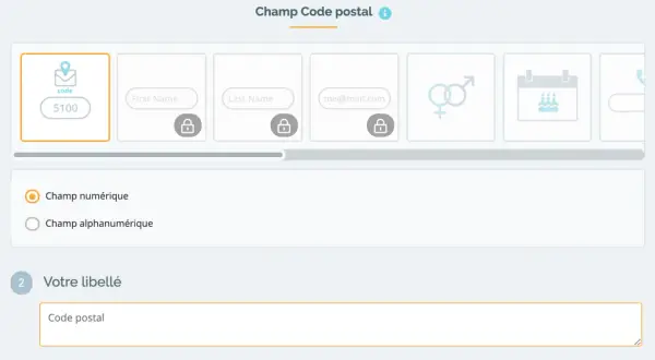 Configuration d'un champ de code postal avec une liste déroulante PHP. Choix entre champ numérique ou alphanumérique.
