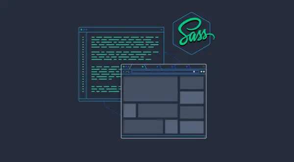 Code et maquette web, avec le logo Sass. Le CSS devient plus puissant avec Sass.