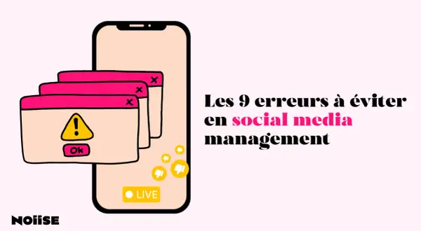 Illustration d'un smartphone avec des pop-ups d'erreur, symbolisant les pièges du social media management. Formation pour éviter ces erreurs.