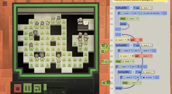 Des personnages s'activent dans un labyrinthe, guidés par des blocs de **jeux de codage** pour trouver un trésor.