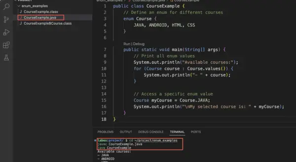 Code Java affichant les cours disponibles : JAVA, ANDROID, HTML, CSS. Le programme sélectionne et affiche "JAVA".