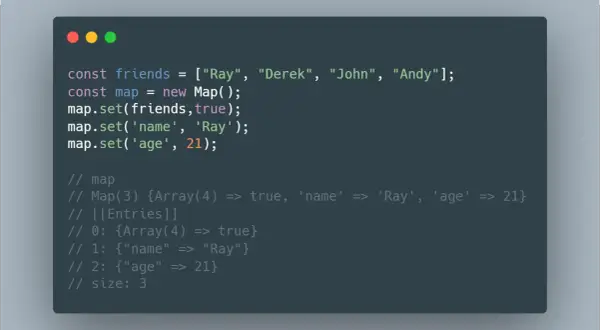 Exemple de code JavaScript montrant l'utilisation d'un `hashmap` (Map) pour stocker des données, associant un tableau à `true`, un nom à 'Ray' et un âge à 21.