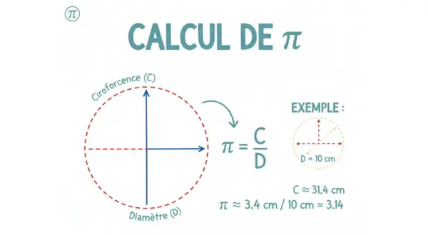 Calcul de π : le rapport entre la circonférence (C) et le diamètre (D) d'un cercle. Exemple : C ≈ 31.4 cm pour D = 10 cm, donc π ≈ 3.14.
