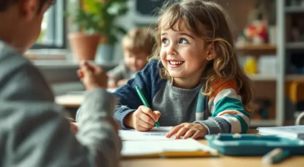 Une petite fille souriante fait son exercice c. Elle écrit avec un stylo vert, concentrée sur sa tâche.