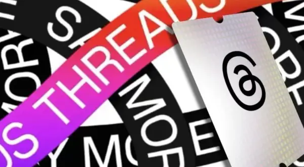 Bandeaux "JUST THREADS MORE" enroulés, avec un logo "6" sur une carte blanche.