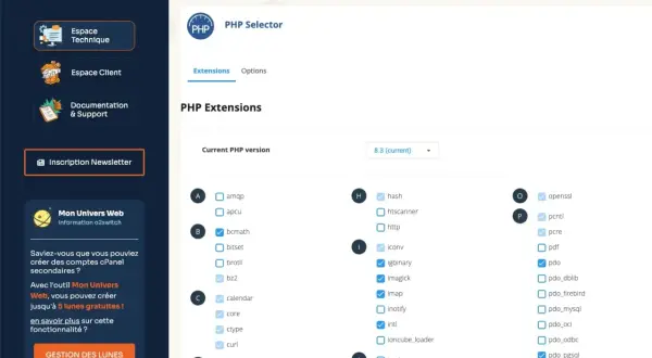 Interface de gestion o2switch pour sélectionner les extensions PHP. Permet de gérer les options pour récupérer l'URL.