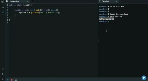 Code Java affichant "hello world !!" dans le terminal. La conversion de java int to string n'est pas visible ici.