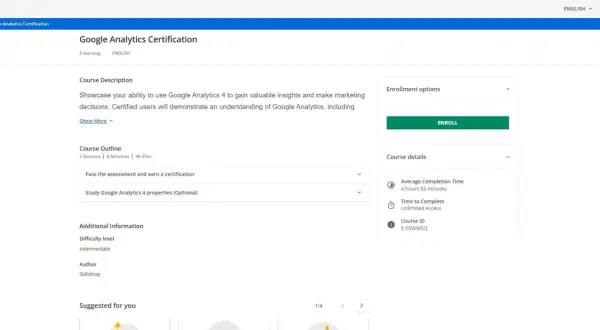 Page de cours pour obtenir une **certification digital** Google Analytics. Apprenez à utiliser Google Analytics 4 pour des analyses marketing.