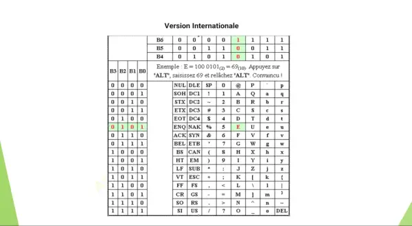 Un dessin en ascii présente un tableau de codes binaires et leurs correspondances en caractères.