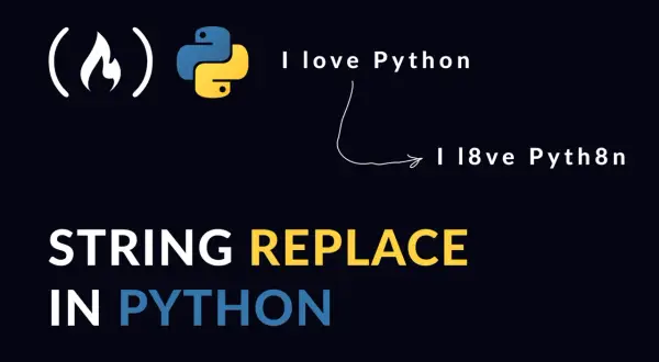 STRING REPLACE IN PYTHON" illustre comment remplacer des caractères. Le logo Python est présent.