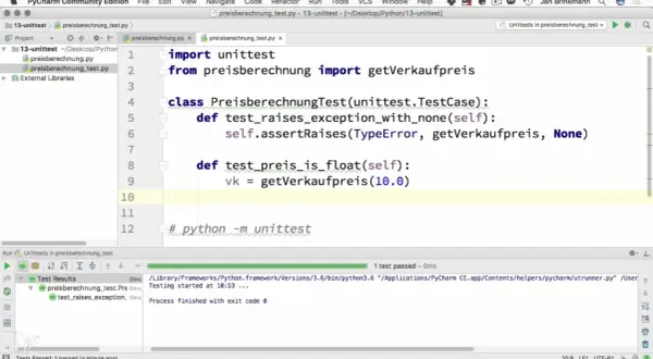 Exemple de test unitaire en Python dans PyCharm. Le code vérifie le bon fonctionnement de la fonction `getVerkaufpreis`.