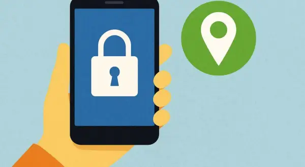 Main tenant de son smartphone, une main jaune tient l'appareil affichant un cadenas blanc sur fond bleu. À droite, un marqueur de localisation vert symbolise la protection des données.