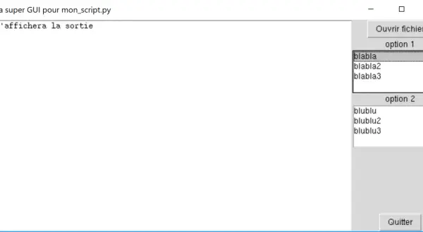 Interface graphique Tkinter avec des listes déroulantes "option 1" et "option 2", un bouton "Ouvrir fichier" et un bouton "Quitter".