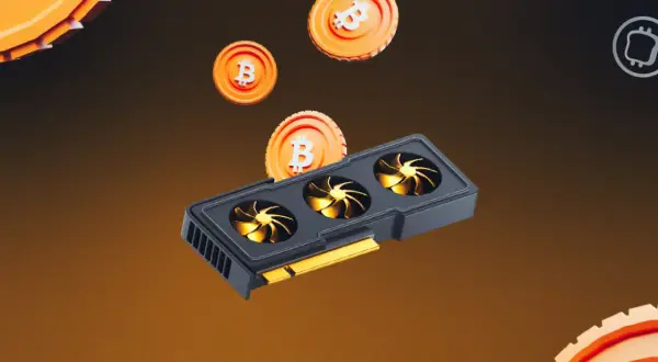 Carte graphique avec ventilateurs dorés, entourée de pièces de Bitcoin. La puissance en C pour le minage de cryptomonnaies.