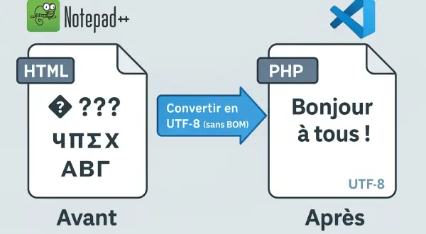 Avant : caractères illisibles dans un fichier HTML. Après : "Bonjour à tous !" dans un fichier PHP, converti en UTF-8. Comparez la date PHP.