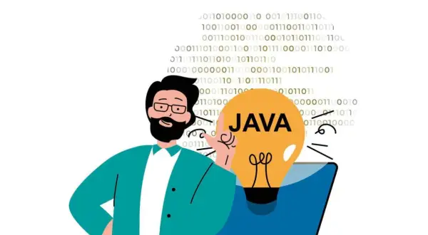 Un développeur avec une ampoule "JAVA" sur un écran d'ordinateur, entouré de code binaire.
