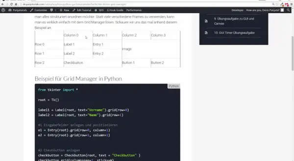 Exemple de **grid python** avec Tkinter : un tableau montre des labels, entrées et boutons. Le code Python illustre leur placement.