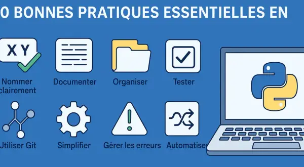Icônes illustrant les bonnes pratiques de développement en Python, comme nommer clairement, documenter, organiser, tester, utiliser Git, simplifier, gérer les erreurs et automatiser. Le logo Python apparaît sur un ordinateur portable.