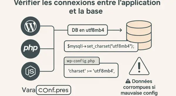 Diagramme montrant comment vérifier la connexion DB en utf8mb4 avec PHP. Il illustre l'utilisation de `$mysqli->set_charset("utf8mb4")` et la configuration dans `wp-config.php`.