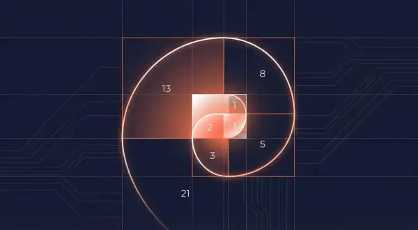 Spirale de Fibonacci illustrant la suite logique, comme une fonction fibonacci python. Les nombres 1, 1, 2, 3, 5, 8, 13, 21 sont représentés.