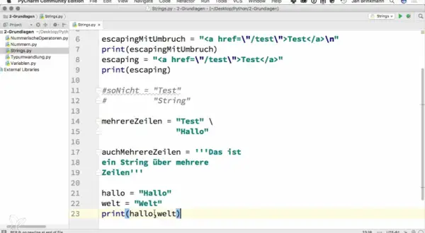 Code Python montrant la **concatenation** de chaînes de caractères pour afficher "HalloWelt".