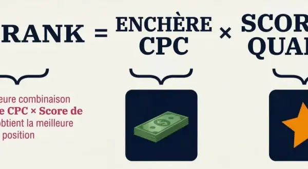 Comprendre comment fonctionne Google Ads : l'Ad Rank est le résultat de l'enchère CPC multipliée par le Score de Qualité. La meilleure combinaison assure la meilleure position.