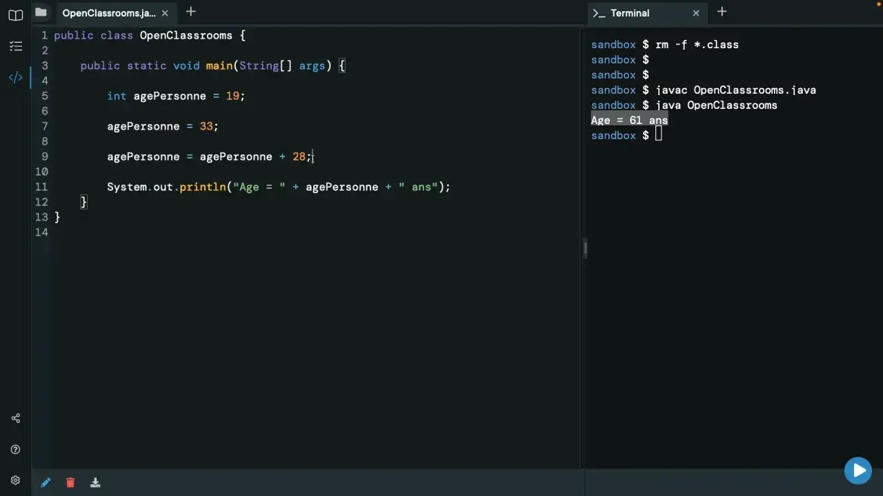 Code Java montrant une conversion implicite de int vers double pour calculer l'âge. L'âge final est de 61 ans.