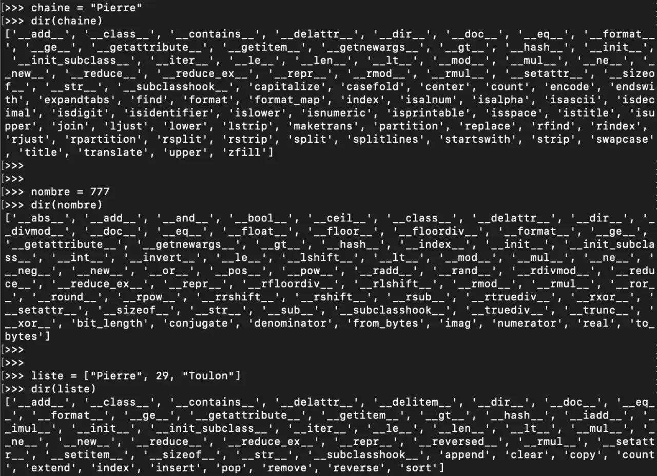 Code Python affichant les méthodes disponibles pour les chaînes de caractères, les nombres et les listes. Le mot-clé "split" est visible dans les méthodes de chaînes.