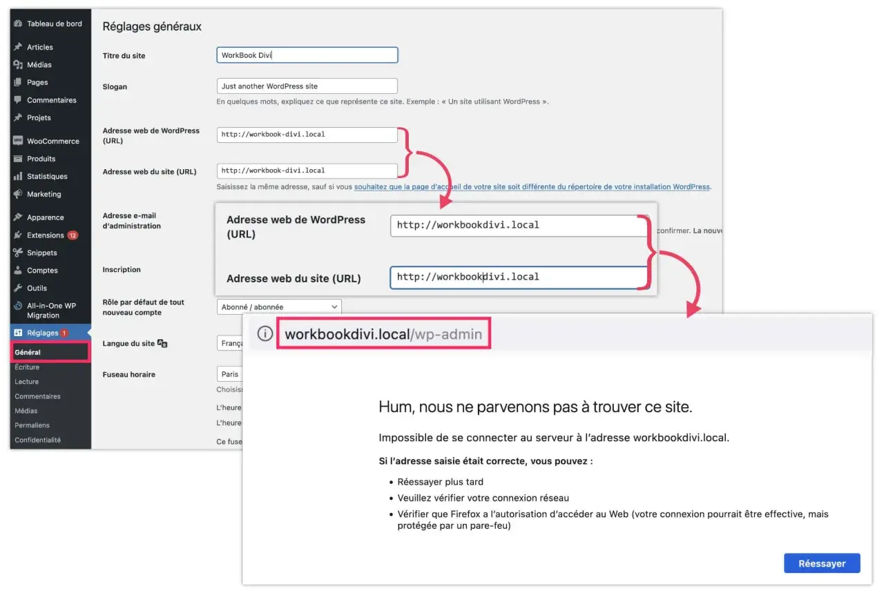 Configuration des adresses URL dans WordPress. Le site "workbookdivi.local" n'est pas accessible.