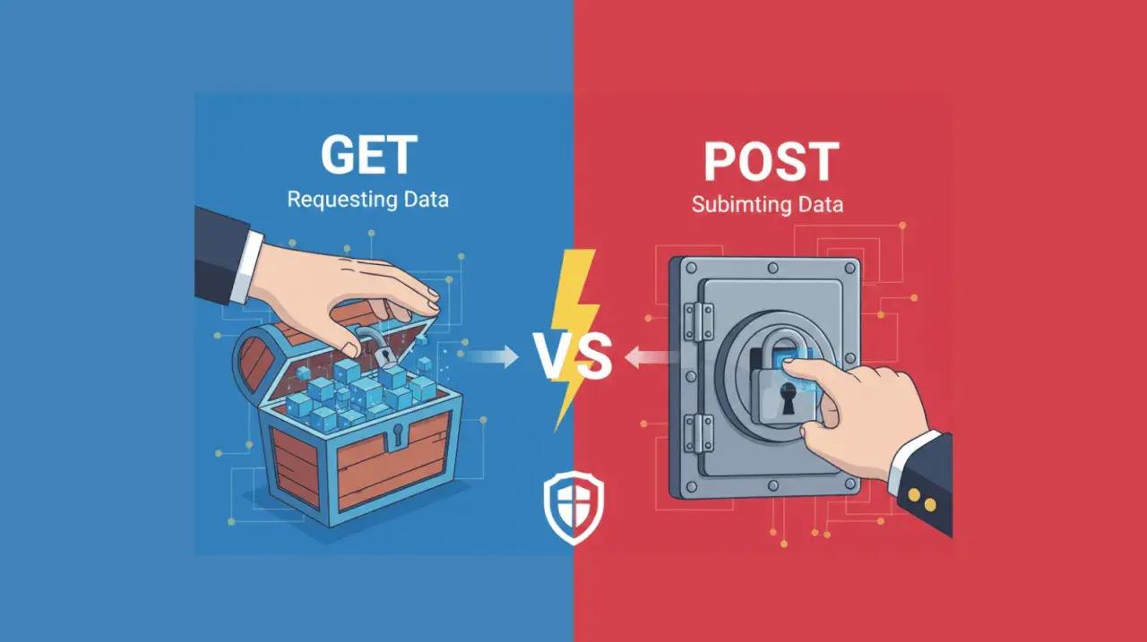 Illustration comparant la différence entre GET (ouvrir un coffre pour récupérer des données) et POST (verrouiller un coffre pour soumettre des données).