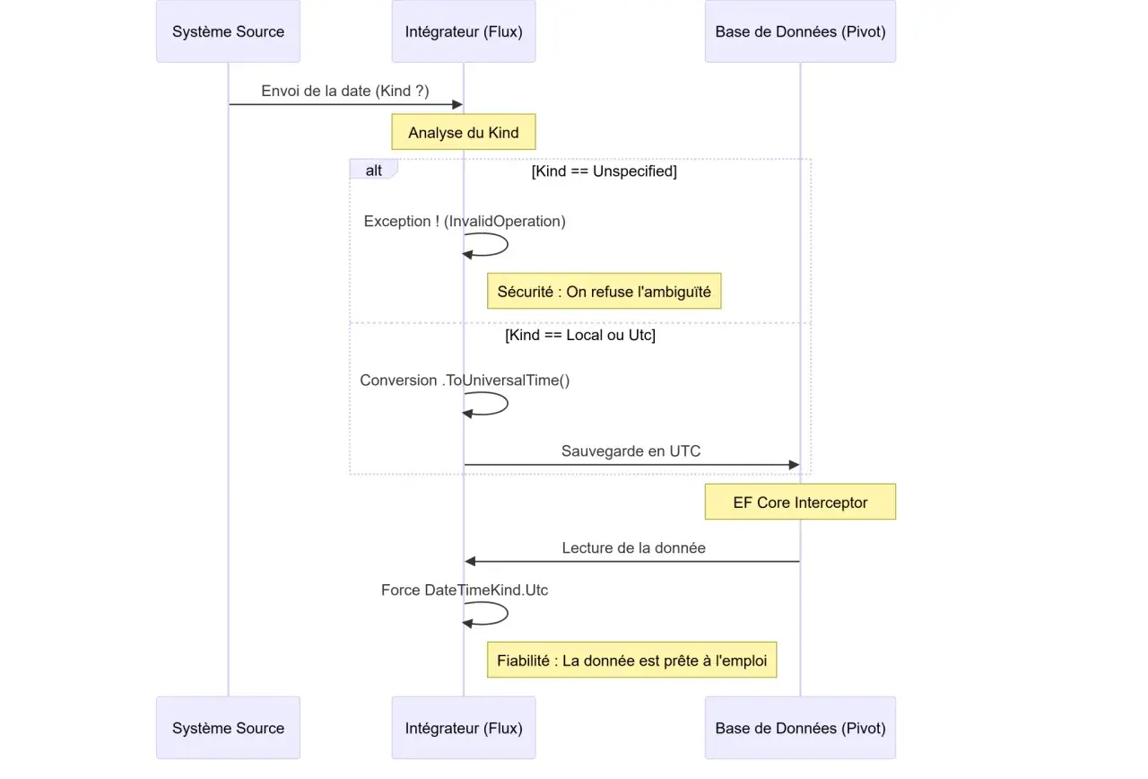 Diagramme de séquence montrant la conversion d'une chaîne en date. Le système source envoie une date à l'intégrateur qui analyse le type. Si le type est local ou UTC, il convertit la date en UTC.