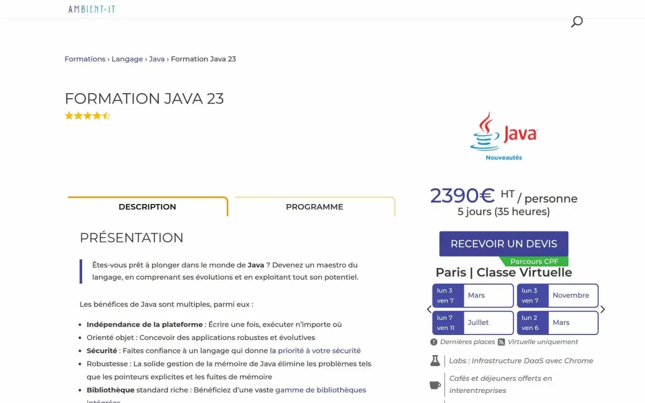 Formation Java 23 : plongez dans le monde du langage Java, maîtrisez ses évolutions et son potentiel.