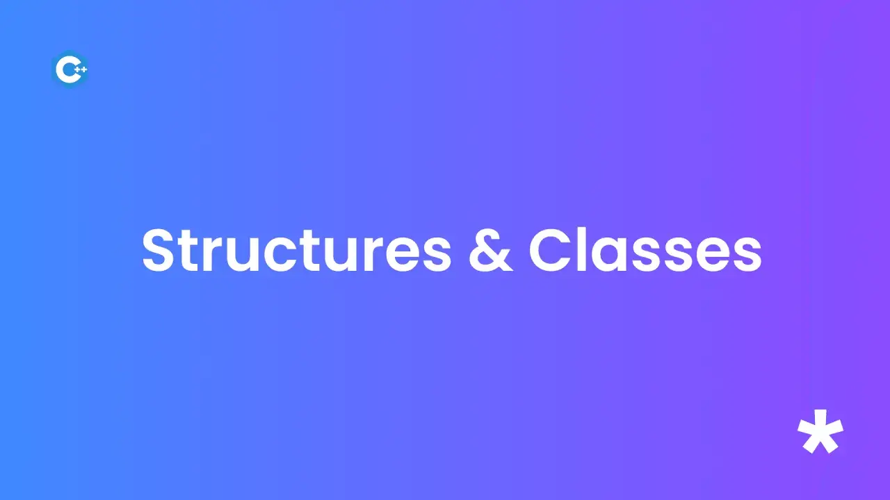 Logo C++ et texte "Structures & Classes" sur fond dégradé bleu-violet.