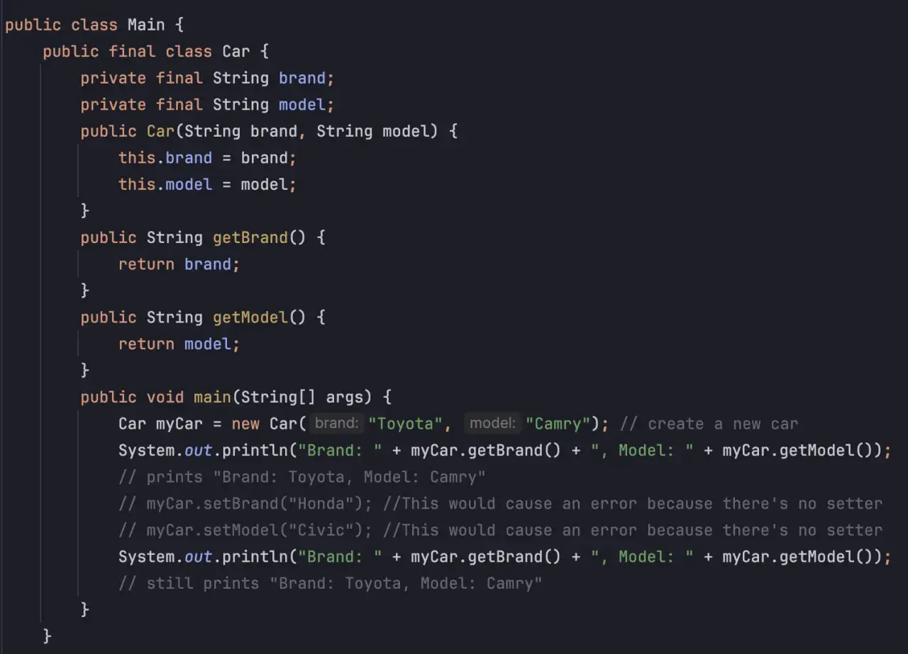 Code Java montrant une classe `Car` avec des propriétés immuables `brand` et `model`. L'instanciation et l'utilisation de `getter` sont illustrées.