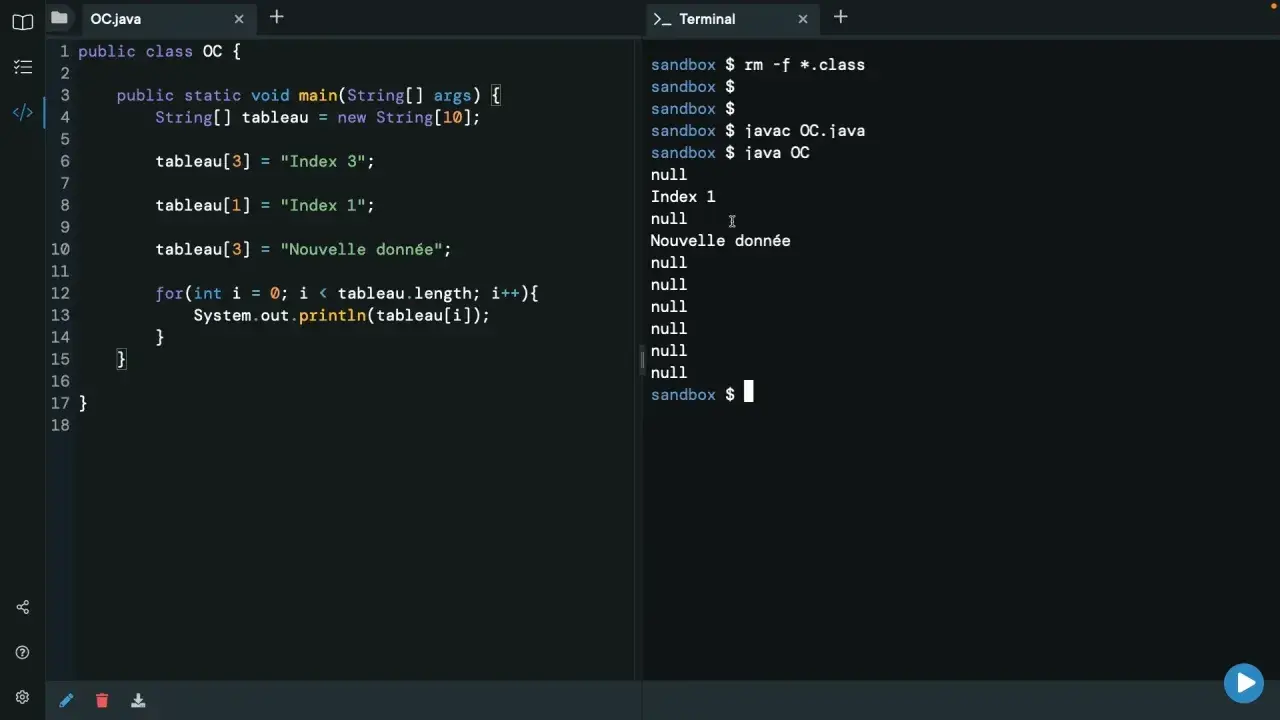 Code Java affichant un tableau de chaînes, avec "Index 1" et "Nouvelle donnée" visibles dans la sortie du terminal.