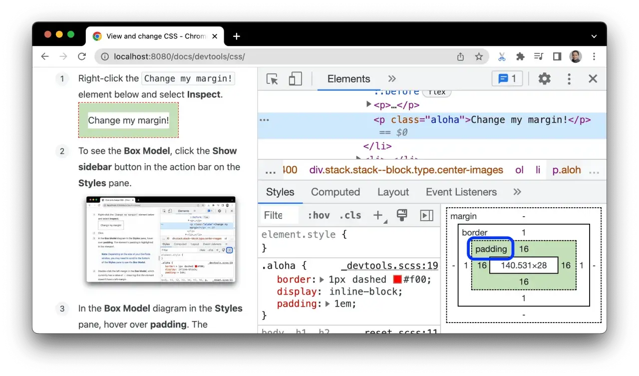 Utilisation de jQuery pour changer le style : le padding est mis en évidence dans le modèle de boîte.