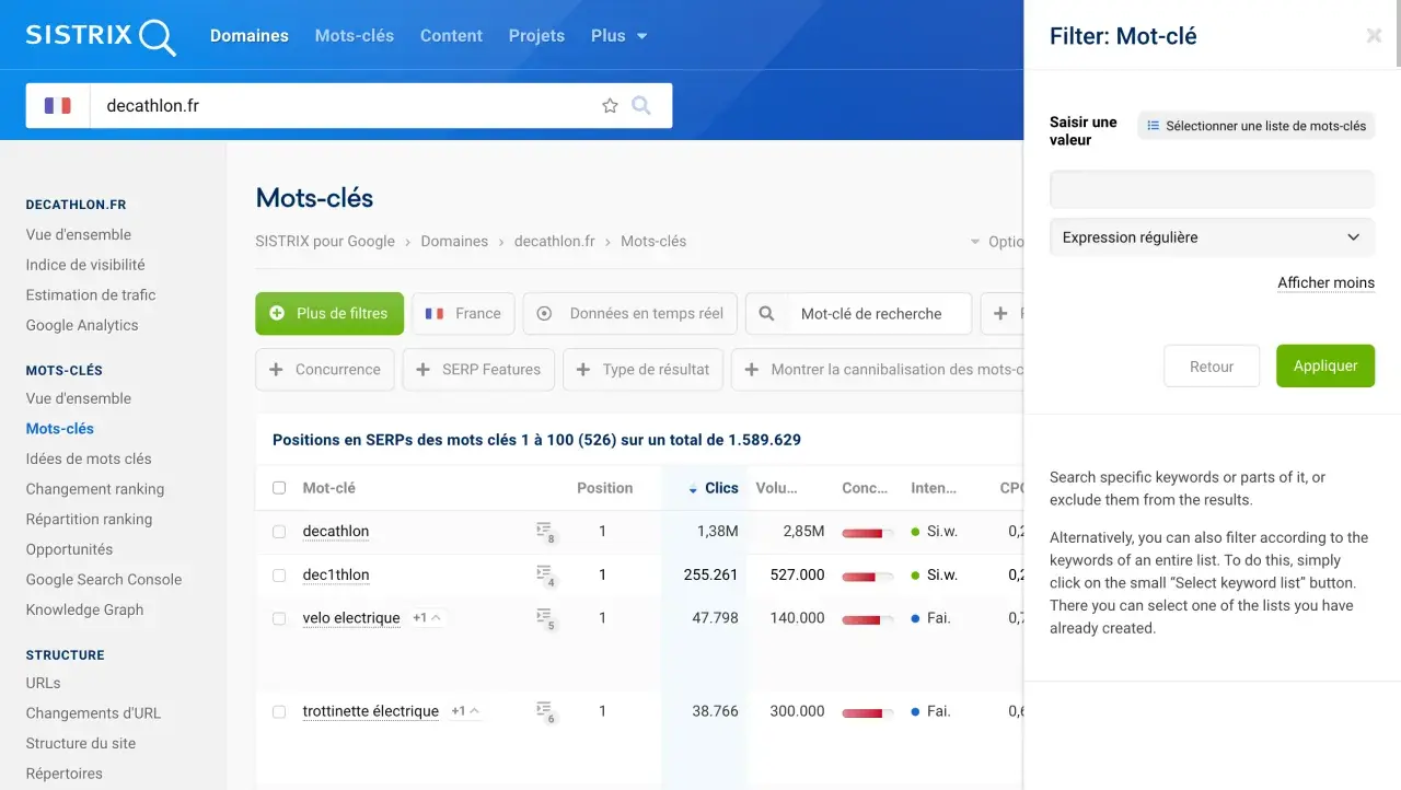 Interface de filtrage de mots-clés avec champ pour expression régulière, utile pour rechercher des numéros de téléphone via regex.