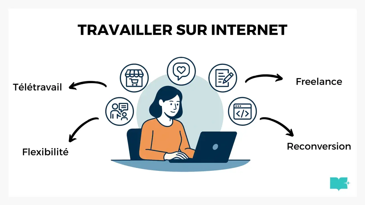 Une femme travaille sur son ordinateur, symbolisant le télétravail, la flexibilité et la reconversion. Idéal pour devenir rédacteur web à domicile.