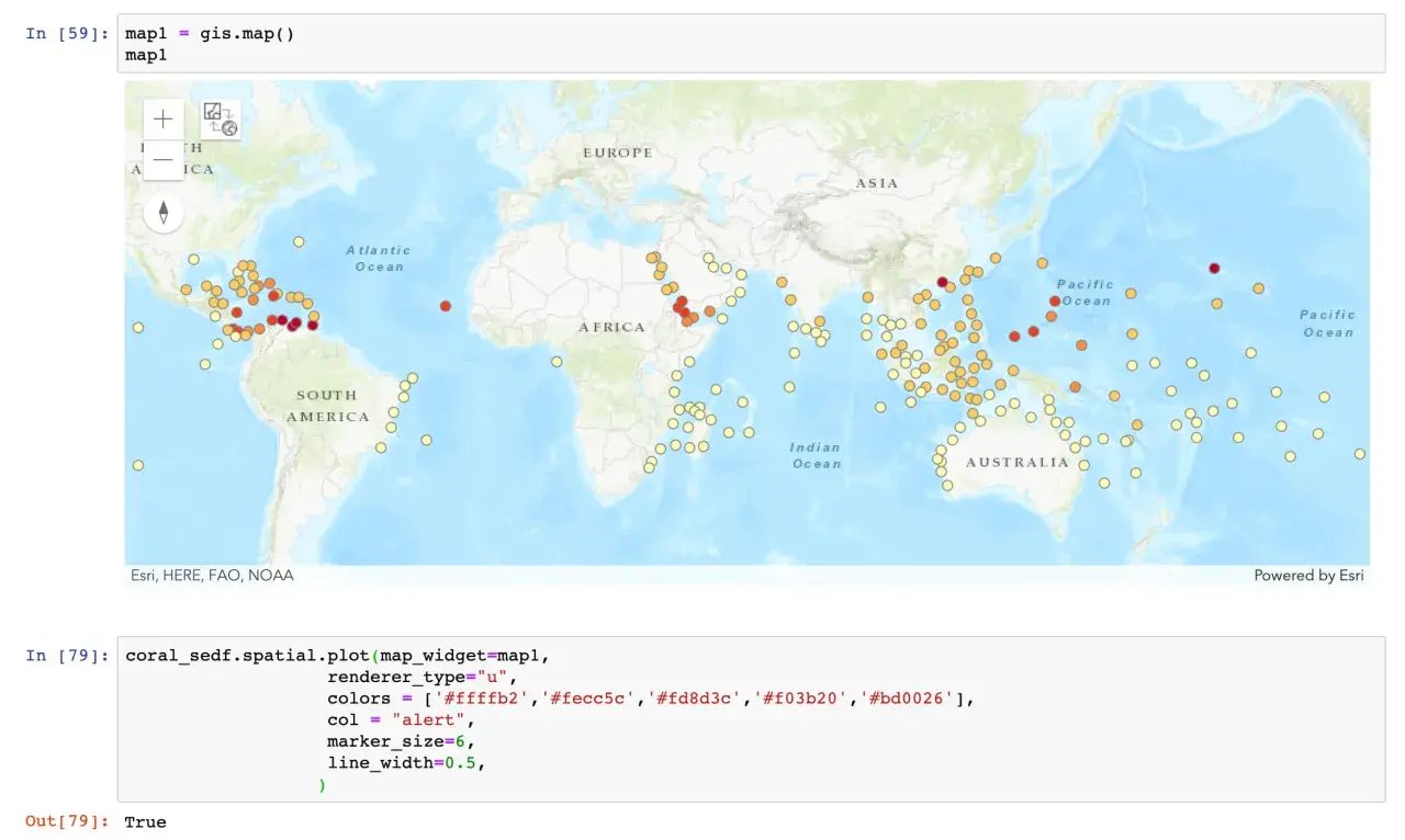 Carte interactive générée avec Python, montrant des points de données colorés sur une carte du monde.
