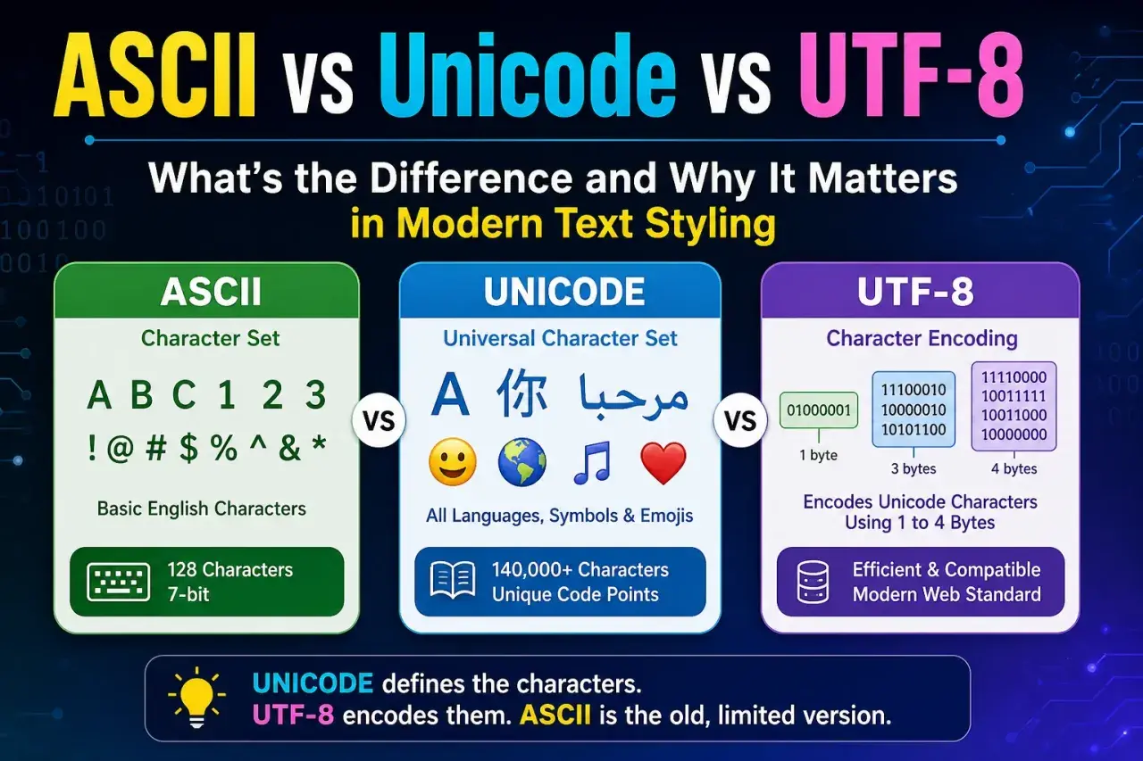 Comparaison entre ASCII, Unicode et UTF-8. ASCII utilise 7 bits pour les caractères anglais. Unicode gère toutes les langues et emojis. UTF-8 encode Unicode efficacement.