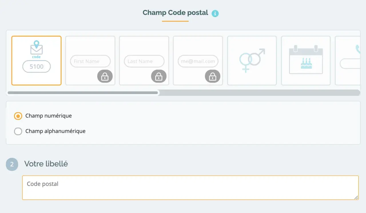 Configuration d'un champ de code postal avec une liste déroulante PHP. Choix entre champ numérique ou alphanumérique.