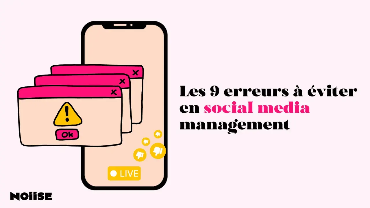 Illustration d'un smartphone avec des pop-ups d'erreur, symbolisant les pièges du social media management. Formation pour éviter ces erreurs.