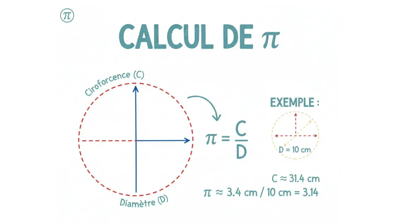 Calcul de π : le rapport entre la circonférence (C) et le diamètre (D) d'un cercle. Exemple : C ≈ 31.4 cm pour D = 10 cm, donc π ≈ 3.14.